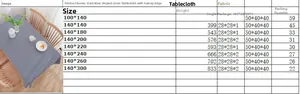 Size chart for navy striped linen tablecloth showing various dimensions and weight specifications