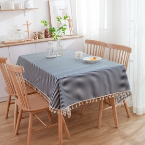 Rectangular navy blue striped tablecloth with white tassels for modern home dining decor