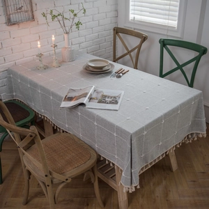 Nordic light grey checkered tablecloth with white star embroidery and beige tassels