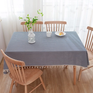 Nordic navy and white striped rectangular tablecloth with decorative white tassels