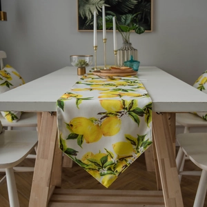 Yellow Lemon Print Table Runner Cotton Linen Fabric Rustic Floral Botanical Kitchen Dining Table Decor Home Party Wedding Decor