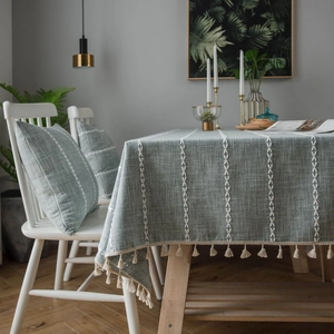 Blue-grey cotton linen tablecloth with white stripes and elegant tassel fringe