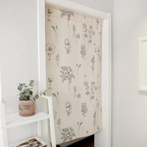 Minimalist floral print door curtain in cream cotton linen for modern home interior decor