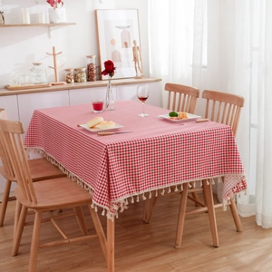 Pastel red and white checkered cotton linen tablecloth with elegant cream tassels