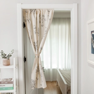 Modern floral print door curtain in beige linen with tied waist for home decor