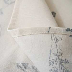 Linen cotton tablecloth with grey floral print and premium hemmed edge stitching