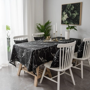 Modern Nordic black marble print tablecloth and matching pillow cover set for dining room decor
