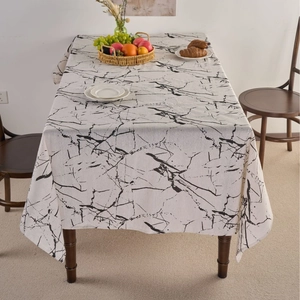 Modern minimalist white marble pattern linen tablecloth for rectangular dining tables