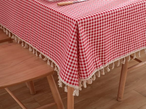 Detail of red and white checkered tablecloth with beige fringe tassels on edges