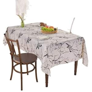 Modern white marble print tablecloth with black veins for minimalist home dining decor