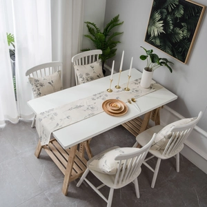 Sketched floral table runner and four pillowcases set in off-white cotton linen