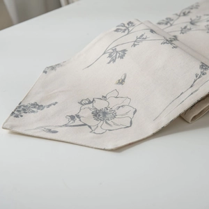 Sketch flower table runner in cream cotton linen with gray vintage floral pattern