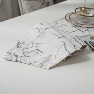 Modern minimalist white table runner with grey marble texture for dining or coffee table