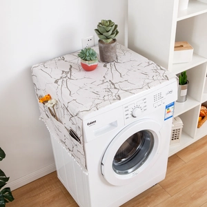 White marble print dust cover for washing machine with side storage pockets and tassels