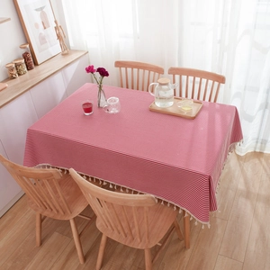 Minimalist red and white striped rectangular tablecloth with white tassel edge decor