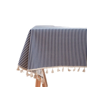 Minimalist blue and white striped cotton linen tablecloth with cream tassel edge detail