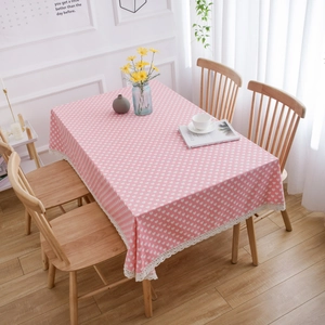 Pink cotton linen tablecloth with white heart prints and delicate lace edge decoration