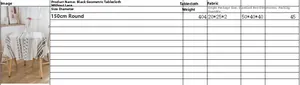 Size chart for 150cm round cotton linen tablecloth with black geometric pattern