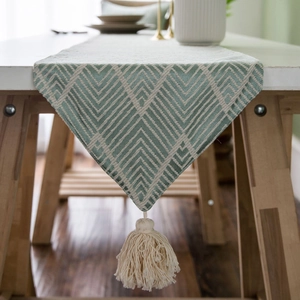 Nordic light green geometric jacquard table runner with tassels for dining table