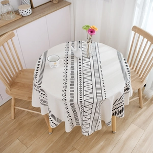 Bohemian style round linen tablecloth with black and white geometric print for dining tables