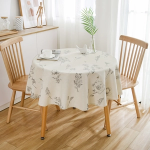 Elegant round cotton linen tablecloth with minimalist gray floral sketches