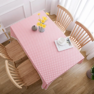 Pink rectangular cotton linen tablecloth with white heart patterns and elegant lace trim