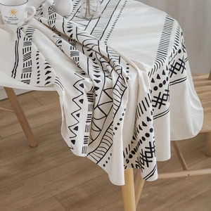 Bohemian style round cotton linen tablecloth with black geometric prints on white fabric