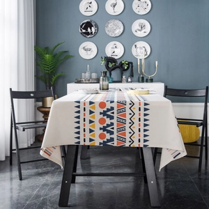 Bohemian geometric print tablecloth in navy and orange on high-quality cotton linen fabric