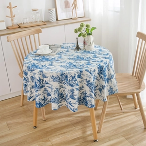 French Toile de Jouy blue floral round tablecloth in elegant rustic pastoral style