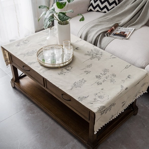 Modern Minimalist Polyester Cotton Tablecloth With Pom Pom Trim Side Pockets Printed Marble Geometric Pattern Coffee Table Cover Home Decor