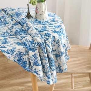 Blue and white Toile de Jouy round tablecloth in thick cotton linen for dining room