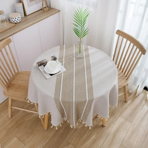 Japanese Minimalist Round Tablecloth With Tassels Linen Texture Striped Printed Decorative Desk Cover For Home Dining