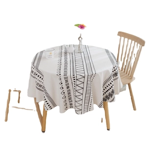 Bohemian style round cotton linen tablecloth with black and white tribal geometric prints