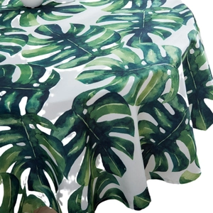 Waterproof round tablecloth with tropical green monstera leaf pattern on white background