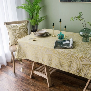 Gelbe geometrische Jacquard-Tischdecke mit weißen Quasten für rechteckige Esstische