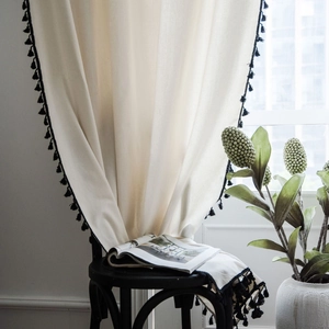 American Retro Solid Color Cotton Curtain With Black Pom Pom Tassel For Living Room Bedroom Shading Window Treatment Decor