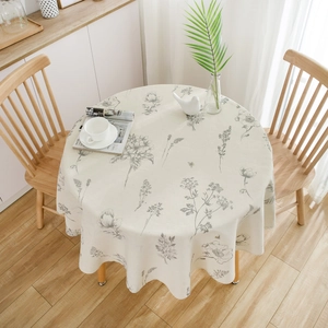 Minimalist round cotton linen tablecloth with gray sketch floral patterns on beige fabric