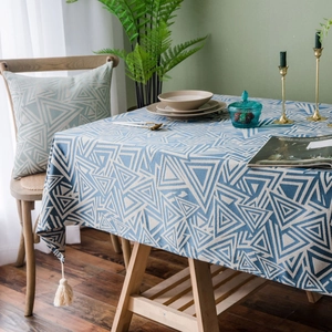 Japanese style waterproof table cloth with blue geometric patterns and tassel decor