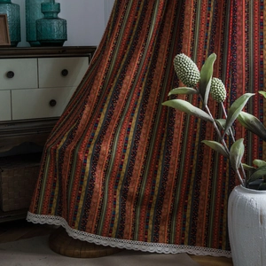 Bohemian striped cotton linen window curtain with elegant white lace hem decor