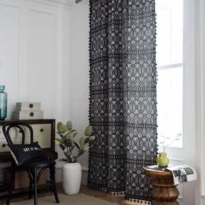 Bohemian Geometric Jacquard Window Curtains With Black Tassels Rustic American Style Polyester Fabric Curtains For Kitchen Dining Room