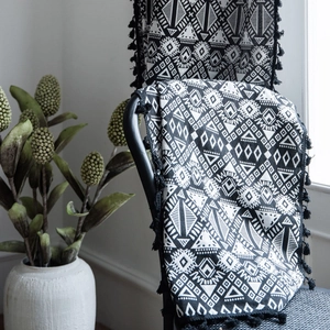 Bohemian black and white geometric jacquard curtain with elegant black pompom fringe trim