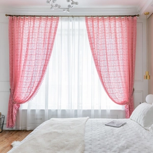 French country style pink hollow lace curtains with floral patterns and fringe tassels