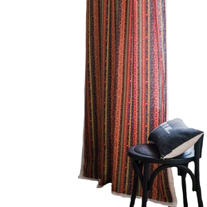 Bohemian striped cotton linen curtains with lace trim for kitchen window decor