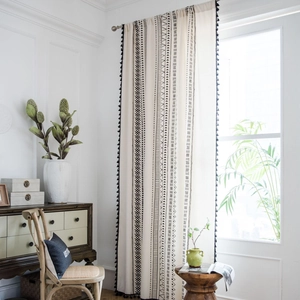 Bohemian Geometric Printed Cotton Linen Door Curtain With Black Tassels Tribal Pattern Semi-Shading Home Kitchen Treatment