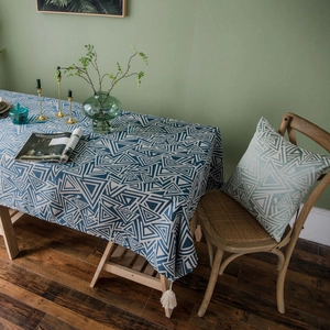 Japanese style geometric tablecloth with white tassels and matching pillow set