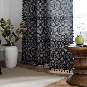 Bohemian geometric jacquard curtain with black tassels for rustic kitchen window decor