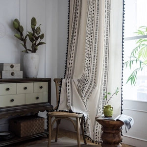 Bohemian black and white geometric print cotton linen curtain with black tassel trim