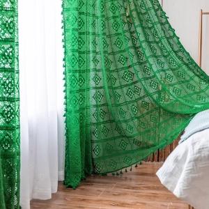 Vintage green crochet hollow curtains with cotton thread floral patterns and fringe tassels