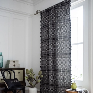 Bohemian black and white geometric curtain with elegant tassels for farmhouse windows