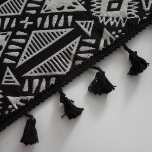 Bohemian black and white geometric jacquard window curtain with handmade black tassels